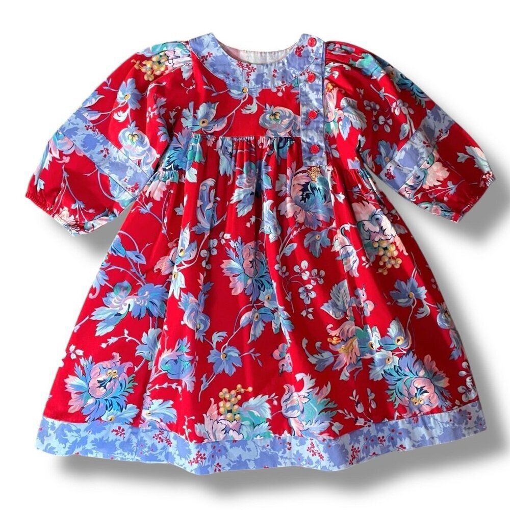 Vintage 90s Mousefeathers Girls Peasant Dress Sz 4 Boho Red Floral Midi A-line